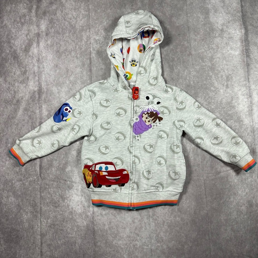 Disney 100 Pixar Boys Gray Zip Up Hoodie Lightning McQueen Boo Dory Size 5